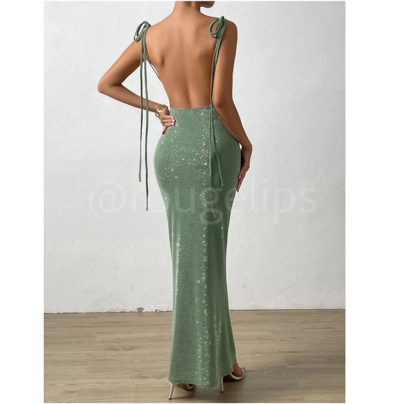 Glitter Lurex Mint Green Cowl Neck Backless Tie Straps Maxi Long Dress - Picture 8 of 14